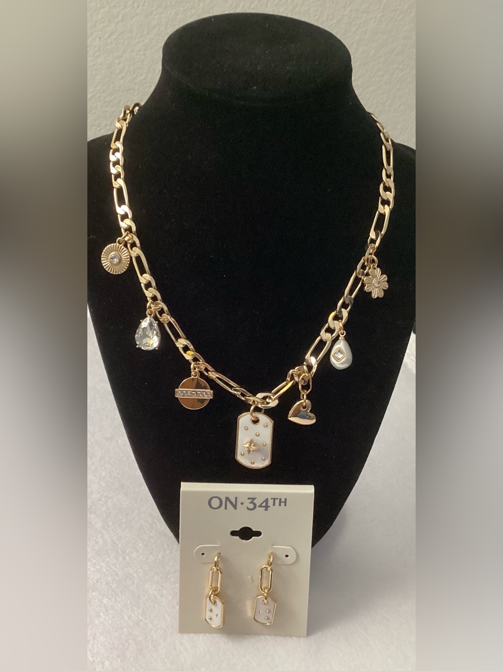 On 34th Gold-Tone Crystal & Imitation Pearl Mixed Charm Necklace & Earrings Set